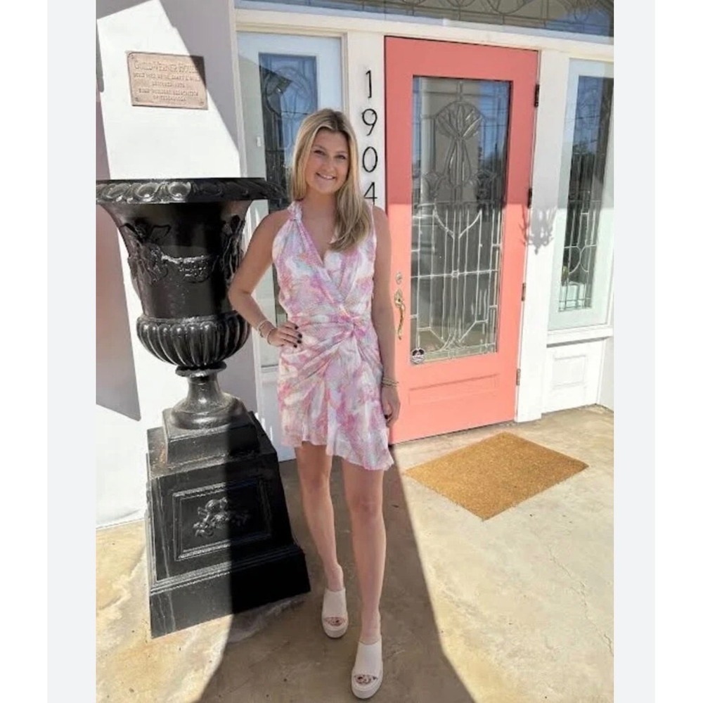 IRO Paris Abstract Floral Drape Mini Dress Pink Purple Sleeveless Size 34